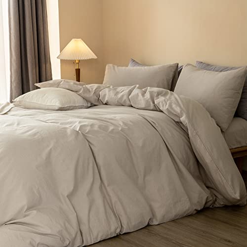  ELIMMO Duvet Cover Set Linen Texture 100% Cotton Fabric Durable Breathable Natural Dreamy Chic Feel (Beige Grey, Queen)