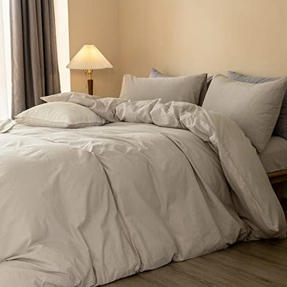  ELIMMO Duvet Cover Set Linen Texture 100% Cotton Fabric Durable Breathable Natural Dreamy Chic Feel (Beige Grey, Queen)