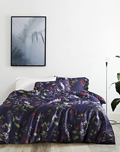  Exotic Modern Floral Print Bedding Birds Flowers Dusty Grey Design 100% Cotton Duvet Cover 3pc Set Hibiscus Blossom Branches In Muted Gray Blue (King, Egret White)