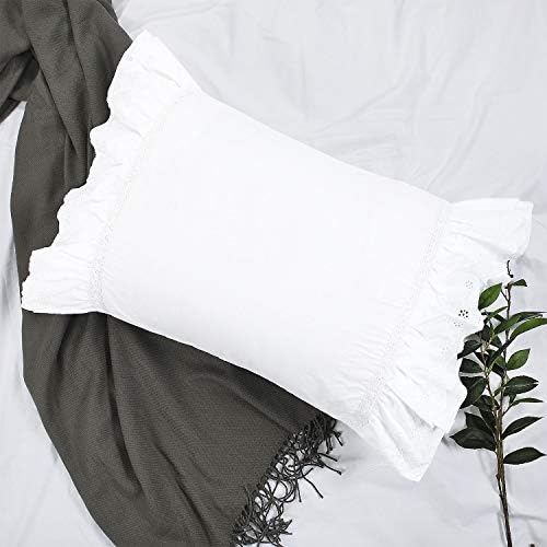  Eyelet Pillow Shams Ruffled King Bright White Shabby Chic Lace Set Of 2 Double Layered Ruffle Farmhouse Pillowcases Country French Cottage Embroidered Floral Victorian Pretty Elegant Trim 20x36