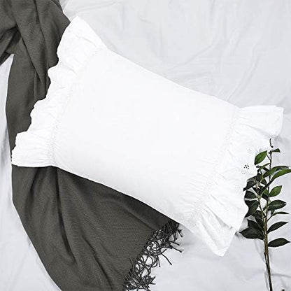  Eyelet Pillow Shams Ruffled King Bright White Shabby Chic Lace Set Of 2 Double Layered Ruffle Farmhouse Pillowcases Country French Cottage Embroidered Floral Victorian Pretty Elegant Trim 20x36