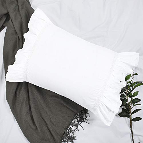  Eyelet Pillow Shams Ruffled King Bright White Shabby Chic Lace Set Of 2 Double Layered Ruffle Farmhouse Pillowcases Country French Cottage Embroidered Floral Victorian Pretty Elegant Trim 20x36