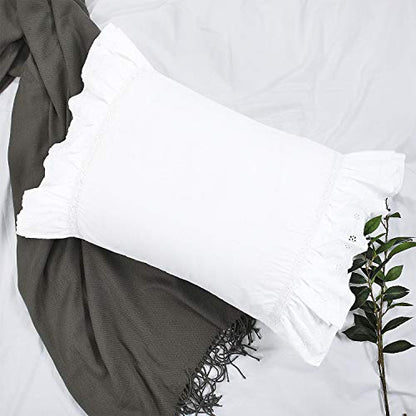  Eyelet Pillow Shams Ruffled King Bright White Shabby Chic Lace Set Of 2 Double Layered Ruffle Farmhouse Pillowcases Country French Cottage Embroidered Floral Victorian Pretty Elegant Trim 20x36