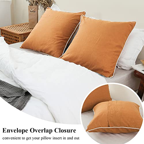  100% Linen Euro Shams With White Trim Inserted Edges 26x26 Inch Stone Washed Pillow Cover Set Of 2 Basic Style Cushion Covers,Rust