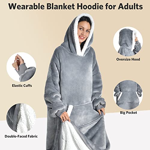  Wearable Blanket Hoodie For Women/Kids/Men, Oversized & Cozy Sherpa Lined Hoodie Sweatshirt Blanket Grey