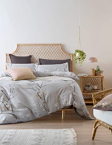  Japanese Oriental Style Cherry Red Blossom Floral Branches Print Duvet Quilt Cover 300tc Cotton Bedding 3 Piece Set (Queen, Charcoal)