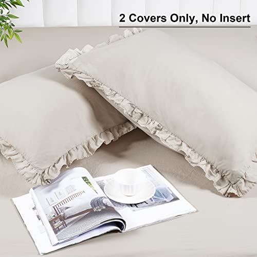  PHF 100% Washed Cotton Ruffle Pillowcases Standard Size, 2 Pack 20" X 26" Pillow Shams, No Insert, Ultra Soft Cotton Linen Like Pillow Cases,Decorative Farmhouse Bedding Pillow Covers, Linen