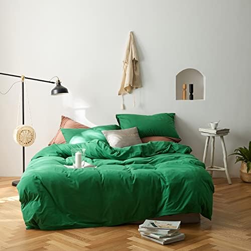  OTOB Green Jersey Duvet Cover Twin Comforter Cover Solid Aesthetic Bedding Set With 2 Pillowcases, 3pcs Jersey Knit Cotton Duvet Cover Set(Green,Twin)