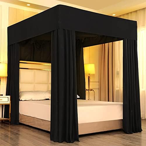  Joylife Bed Canopy Bed Curtains Set Black Bed Canopy For Girls, Canopy Curtains And Bed Canopy, Bed Canopy Curtains For Home Decorations (Pure Black, California King/King)