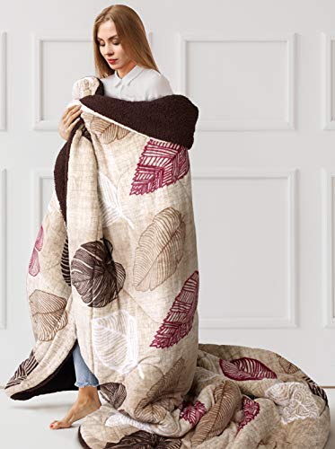  Primor Casa Premium MicroMink Otono Sherpa Comforter Oversize Blanket - Ultra Soft - Ultra Warm - Brown, Beige With Burgundy Fall Autumn Leaf/Leaves Design - Elegant And Modern (Queen/Full Size)
