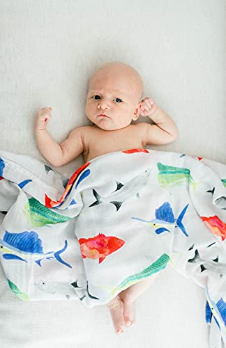  Florida Kid Co. Fish Baby Swaddle Blanket - 70% Bamboo/ 30% Cotton Muslin - Silky Soft, Breathable, Lightweight, Multipurpose, Nursery Shower Gift, Large - 47 In. X 47 In. Baby Essentials