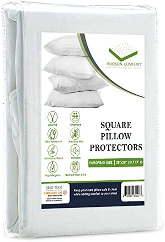  Hudson Comfort 20x20 Pillow Protector - 100% Waterproof, Prevents Feathers From Popping, European Square Zippered Pillow Covers (2 Pack, 20x20 Inch)