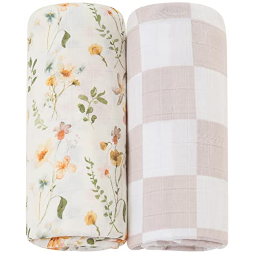  LifeTree Muslin Swaddle Blankets Neutral, Baby Swaddling Wrap Nursery Receiving Blanket For Boys & Girls Unisex, Soft Bamboo Cotton, Large 47 X 47 Inches, Bear & Checkered Coffee
