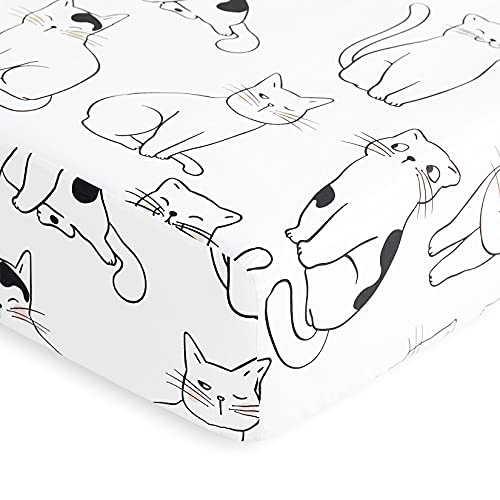 Wake In Cloud - Cats Sheet Set, 100% Cotton Bedding, White With Cats Drawing Pattern Printed (4pcs, Queen Size)