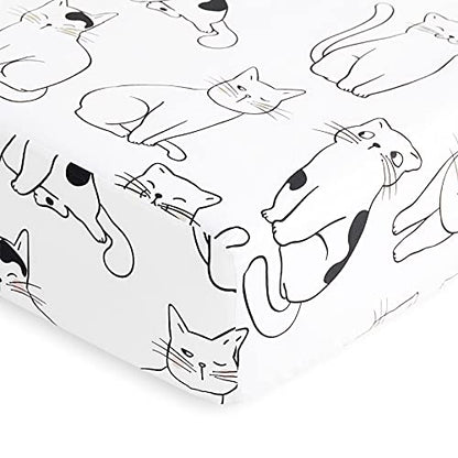  Wake In Cloud - Cats Sheet Set, 100% Cotton Bedding, White With Cats Drawing Pattern Printed (4pcs, Queen Size)