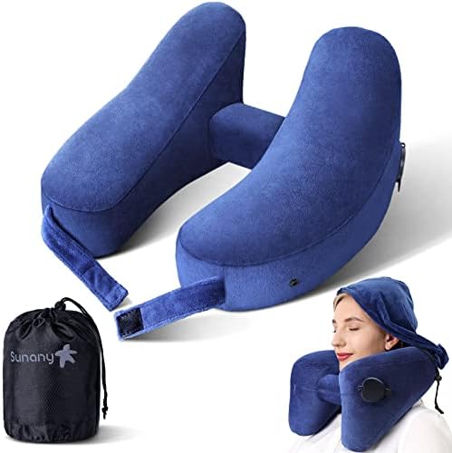  Neck Pillow For Travel Inflatable Airplane Pillow Comfortably Supports Head, Neck And Chin, Inflatable Travel Pillow With Soft Velour Cover And Portable Drawstring Bag (Black)