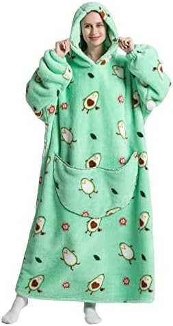  Versized Blanket Hoodie Lengthened Wearable Hooded Blanket Long For Adult Men Women Super Soft Comfortable Warm Flannel Sherpa With Pocket And Sleeves Avocado