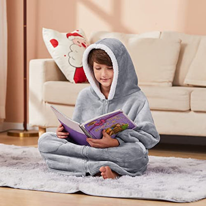  FAYBOX Wearable Blanket Hoodie With Zip For Kids,Fuzzy Warm Sherpa Comfy Oversized Hoodie Blanket Plush Sweatshirt-Light Grey