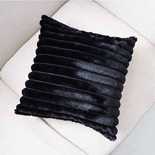  Hodeco Super Soft Decorative Throw Pillow Cover Double Side Faux Fur Comfy Wide Stripe Thick Fluffy Extra Plush Shaggy Cushion Cover For Couch Chair 100% Polyester, 1 Piece (18x18 Inches, Black)