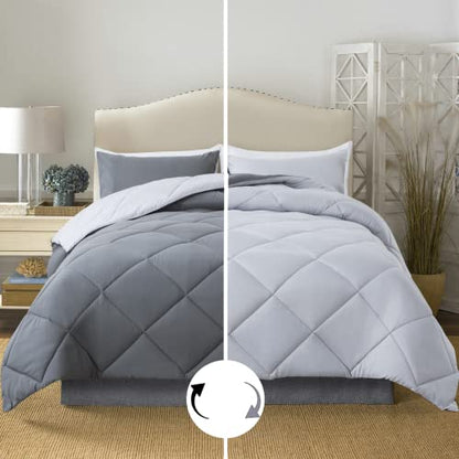  ELNIDO QUEEN 3 Pieces Comforter Set (Queen, Grey & Dark Grey) - 1 Reversible Down Alternative Comforter With 2 Pillow Shams - Soft Lightweight Duvet Insert | 88x92 Inch