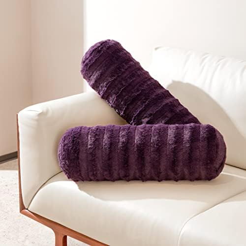  Cheer Collection Set Of 2 Faux Fur Bolster Pillows, Decorative Roll Pillow For Couch With Removable Washable Cover, Cylinder Neck Pillows For Bed, Chair Or Sofa, 8” X 24” Inch, White