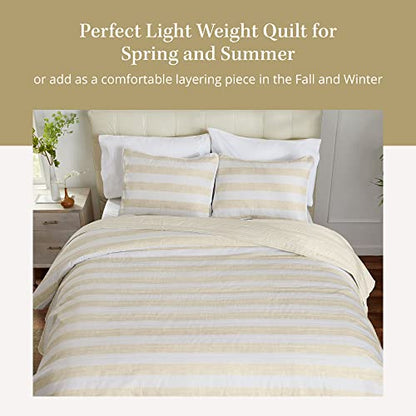  3 Piece King Quilt Set With Shams | Soft & Breathable For Spring & Summer | All-Season Quilt | Multi Layer Coverlet | Lightweight Bedspread | Boho Stripes | Bettina Collection (King, Parchment)