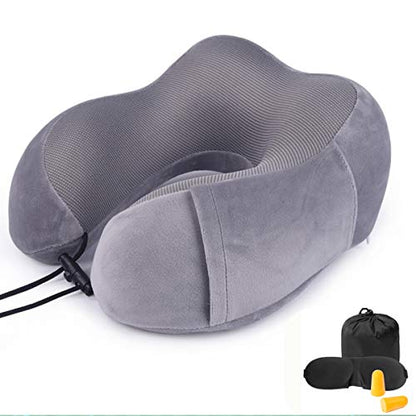  ENOTHEN Travel Pillow 100% Pure Memory Foam Neck Pillow With Machine Washable Cover, Airplane Travel Kit With 3D Contoured Eye Masks, Earplugs & Reusable Bag (Grey)