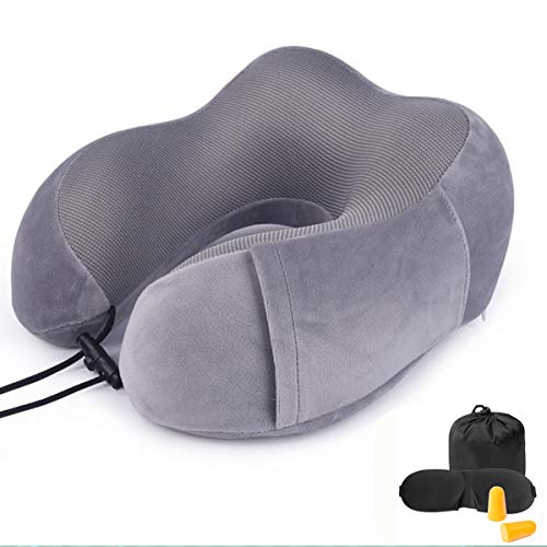  ENOTHEN Travel Pillow 100% Pure Memory Foam Neck Pillow With Machine Washable Cover, Airplane Travel Kit With 3D Contoured Eye Masks, Earplugs & Reusable Bag (Grey)