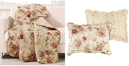  Greenland Home Antique Rose Throw Blanket, Full, Ecru & Antique Rose 100% Cotton Quilted Pillow Sham, Standard 20x26-inch, Multicolor