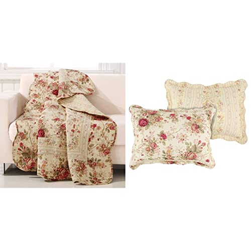  Greenland Home Antique Rose Throw Blanket, Full, Ecru & Antique Rose 100% Cotton Quilted Pillow Sham, Standard 20x26-inch, Multicolor