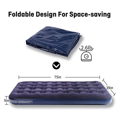  Twin Camping Air Mattress,9" Raised Inflatable Air Bed,Comfort Flocked Portable Blow Up Bed With Patch Kit And Hand Pump For Home Camping Travel