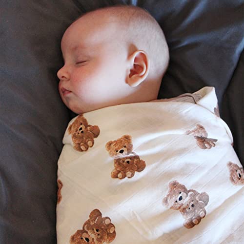  LifeTree Muslin Swaddle Blankets Neutral, Baby Swaddling Wrap Nursery Receiving Blanket For Boys & Girls Unisex, Soft Bamboo Cotton, Large 47 X 47 Inches, Bear & Checkered Coffee