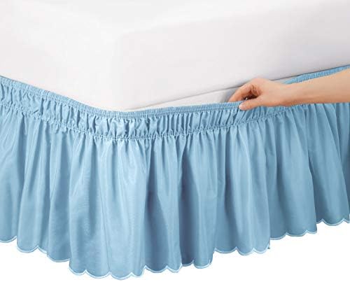  Scalloped Elastic Bed Wrap Around, Easy Fit, Dust Ruffle Bedskirt, Blue, Twin/Full