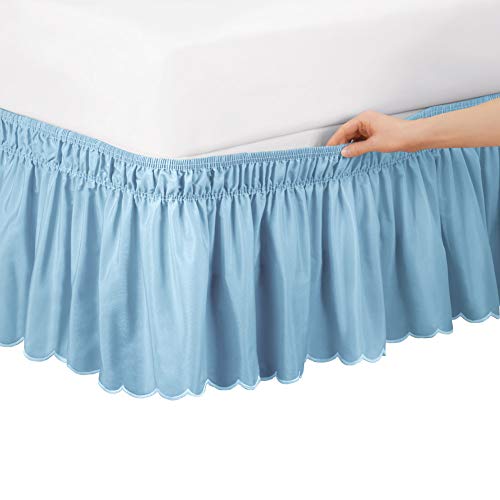  Scalloped Elastic Bed Wrap Around, Easy Fit, Dust Ruffle Bedskirt, Blue, Twin/Full