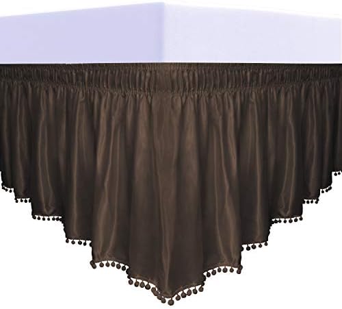  Satin Silk Pom Pom Wrap Around Bed Skirt With Adjustable Elastic Belt - 16 Inch Drop Easy To Put, Wrinkle Free Dust Ruffles, Bed Frame Cover For Twin, Twin XL And Full Size Beds, Dark Gray