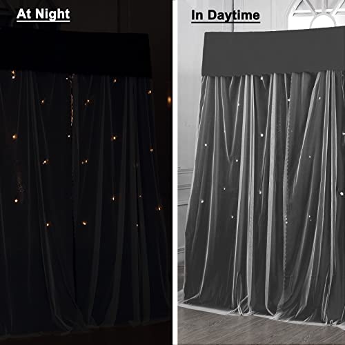  Tingxiu Romantic 4 Corner Post Blackout Bed Curtains With Sheer, Hollow-Out Stars Bed Canopy For Girls Boys Bedroom Decoration (Queen, Black-Hollow-Out Stars)
