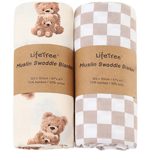  LifeTree Muslin Swaddle Blankets Neutral, Baby Swaddling Wrap Nursery Receiving Blanket For Boys & Girls Unisex, Soft Bamboo Cotton, Large 47 X 47 Inches, Bear & Checkered Coffee
