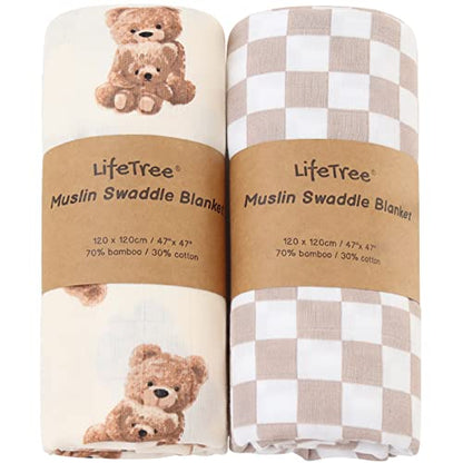  LifeTree Muslin Swaddle Blankets Neutral, Baby Swaddling Wrap Nursery Receiving Blanket For Boys & Girls Unisex, Soft Bamboo Cotton, Large 47 X 47 Inches, Bear & Checkered Coffee