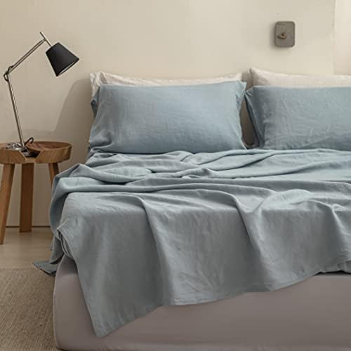  Simple&Opulence French Linen Flat Sheet With Embroidered Border-100% Stone Washed Flax Bedding,Queen Size(90''x102'') Ultra Soft,Breathable Flat Top Sheet-1 Piece Bed Flat Sheet Only(Linen)