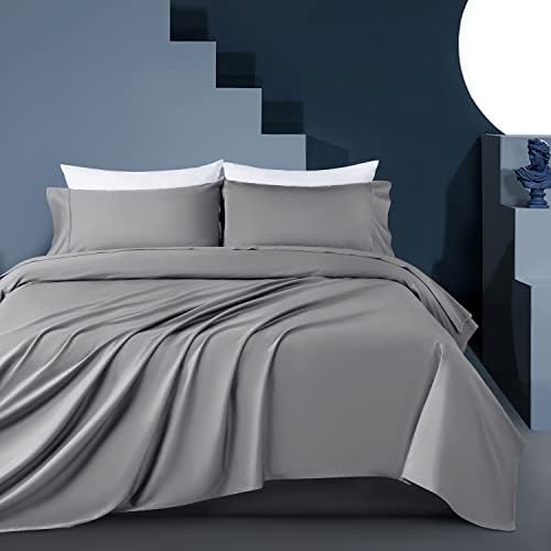  Shilucheng 100% Eucalyptus Sheets Queen Size, Lyocell Sheets Silk Cooling Bed Sheets Set,Silky Soft & Smooth, Breathable Tencel Queen Sheets Deep Pocket - 4PC, White
