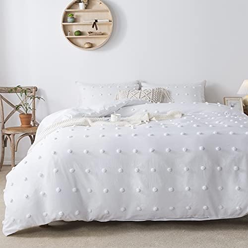  White Tufted Dot Duvet Cover Queen Size (90x90 Inch), 3 Pieces (1 Jacquard Duvet Cover, 2 Pillowcases) All Season Soft Washed Microfiber Duvet Cover Set With Zipper Closure, Corner Ties