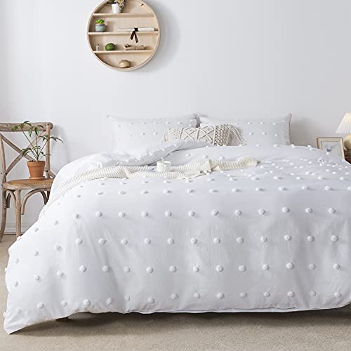  White Tufted Dot Duvet Cover Queen Size (90x90 Inch), 3 Pieces (1 Jacquard Duvet Cover, 2 Pillowcases) All Season Soft Washed Microfiber Duvet Cover Set With Zipper Closure, Corner Ties