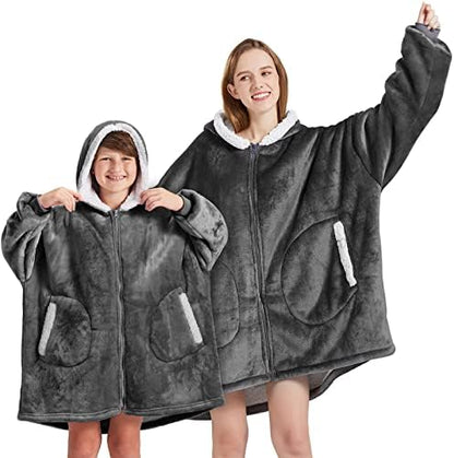  FAYBOX Wearable Blanket Hoodie With Zip For Kids,Fuzzy Warm Sherpa Comfy Oversized Hoodie Blanket Plush Sweatshirt-Light Grey
