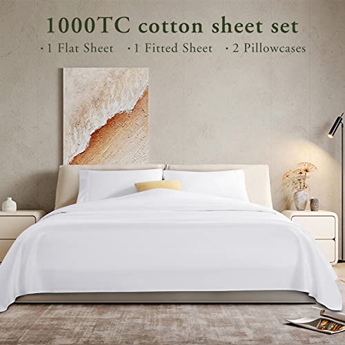  LBRO2M 1000 Thread Count 100% Egyptian Cotton Queen Size Sheets Set,Wrinkle Breathable Bed Sheet 4 Piece Sets,16 Inches Deep Pocket,Bedding Soft Comforterble,Sateen Weave Long Staple,White