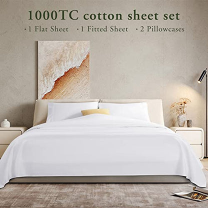  LBRO2M 1000 Thread Count 100% Egyptian Cotton Queen Size Sheets Set,Wrinkle Breathable Bed Sheet 4 Piece Sets,16 Inches Deep Pocket,Bedding Soft Comforterble,Sateen Weave Long Staple,White