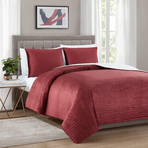  BOURINA Velvet Sherpa Blanket Quilt, Super Plush Quilt 3-Piece Bedding Large Double-Sided Plush Comfort Softest Quilt Sets, Queen 90×94" Light Grey