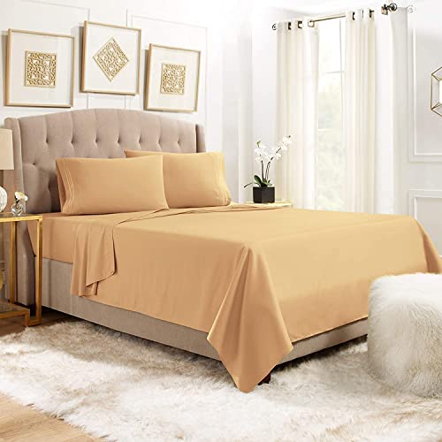  Premier 1800 Series 4pc Bed Sheet Set - Queen, Camel Gold, Hypoallergenic, Deep Pocket