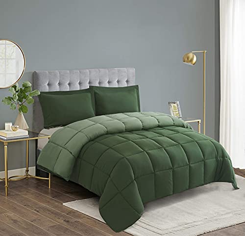  HIG 3pc Green Down Alternative Comforter Set Queen Size - All Season Reversible Comforter With Two Shams - Quilted Duvet Insert With Corner Tabs - Box Stitched - Breathable, Soft, Fluffy