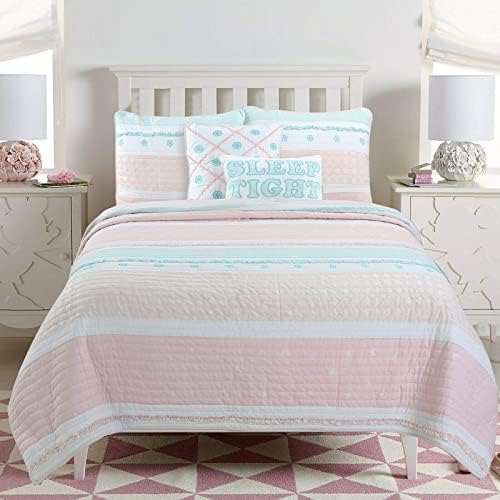  Cozy Line Home Fashions Pink Flower Lace Ruffle Stripe Shabby Chic Girl 100% Cotton Reversible Quilt Bedding Set, Coverlet, Bedspread (Pink Lace, Twin - 2 Piece: 1 Quilt + 1 Sham)