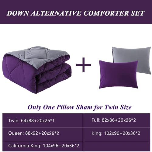  ELNIDO QUEEN 3 Pieces Comforter Set (Full, Purple & Grey) - 1 Reversible Down Alternative Comforter With 2 Pillow Shams - Soft Lightweight Duvet Insert | 82x86 Inch